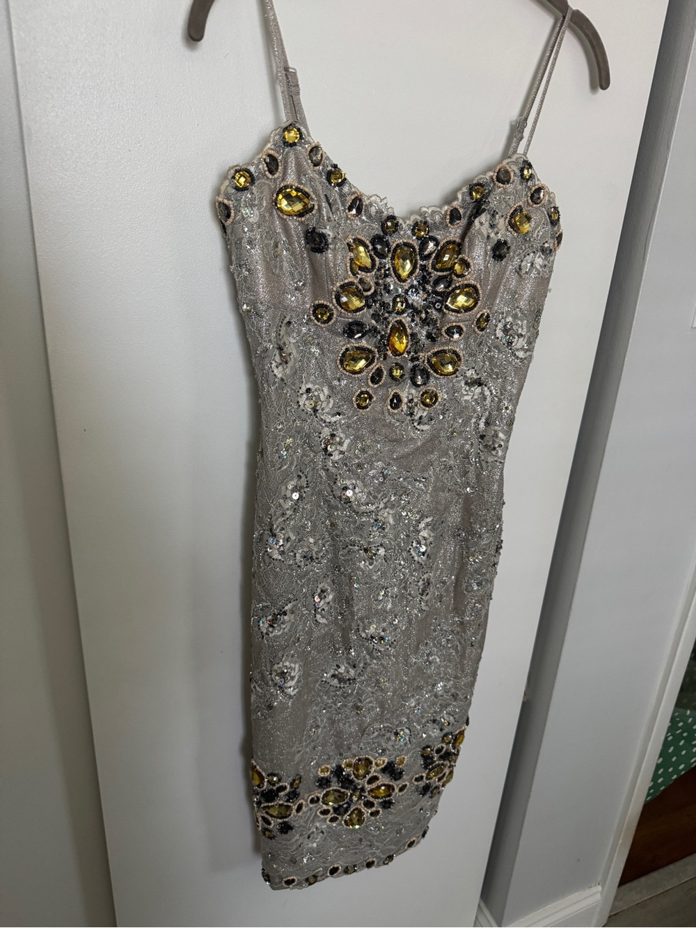 Mandalay Embellished Silver-Beige Sequin Slip Dress with Yellow Gem Accents
